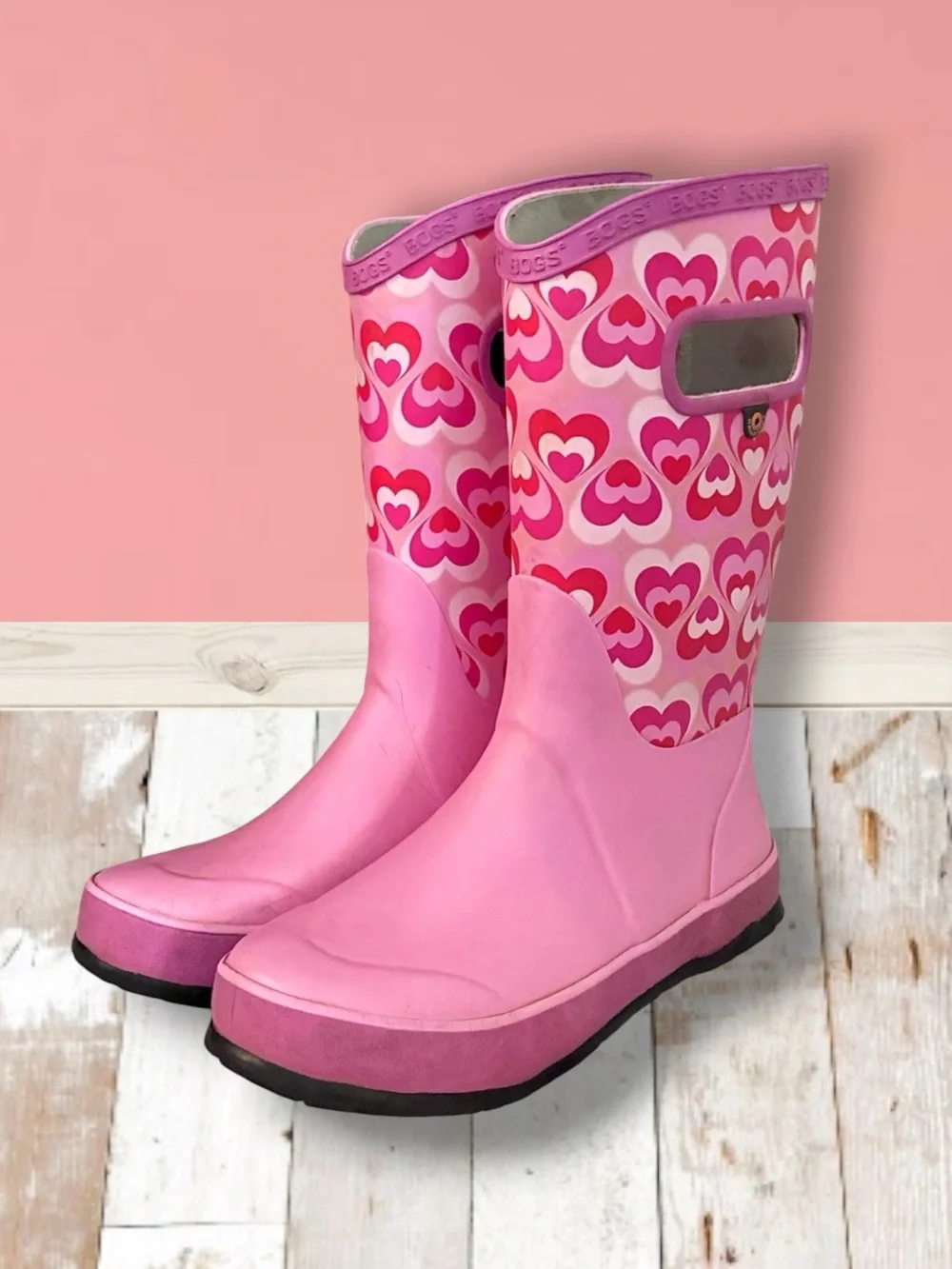 Bogs Girls Rain Boots Waterproof Pink Heart Size 3 VGUC ☔️